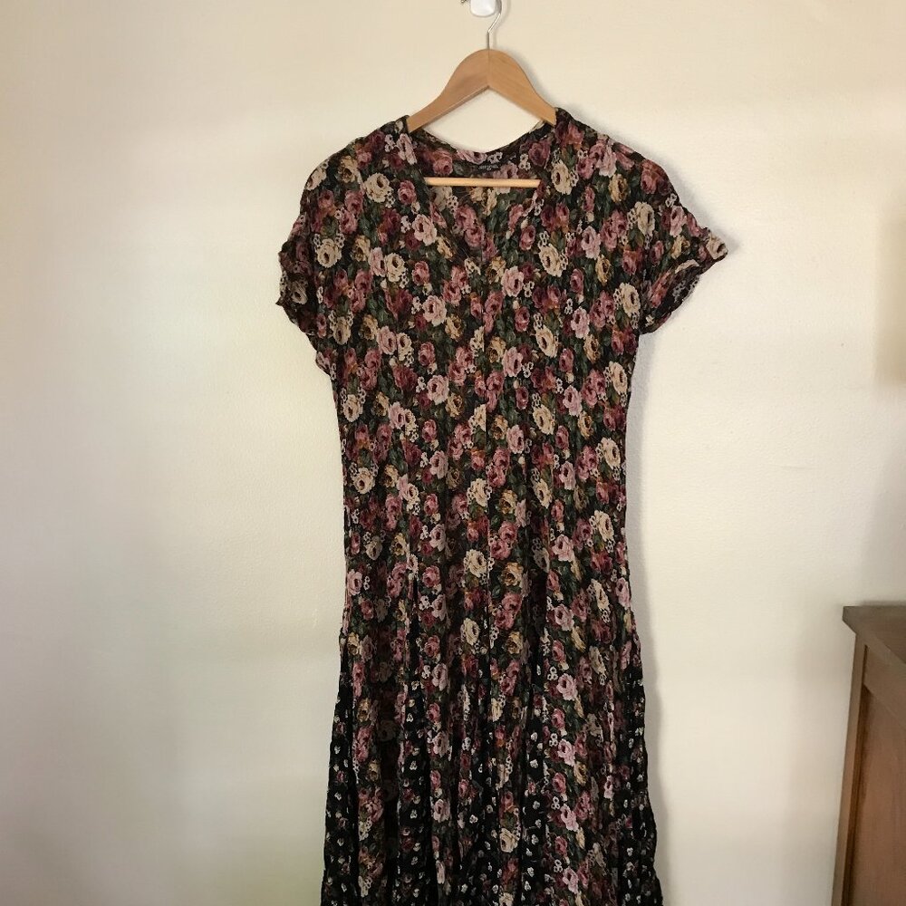 Vintage Nostalgia Dress Black Floral L Maxi Rayon Crinkle Broomstick